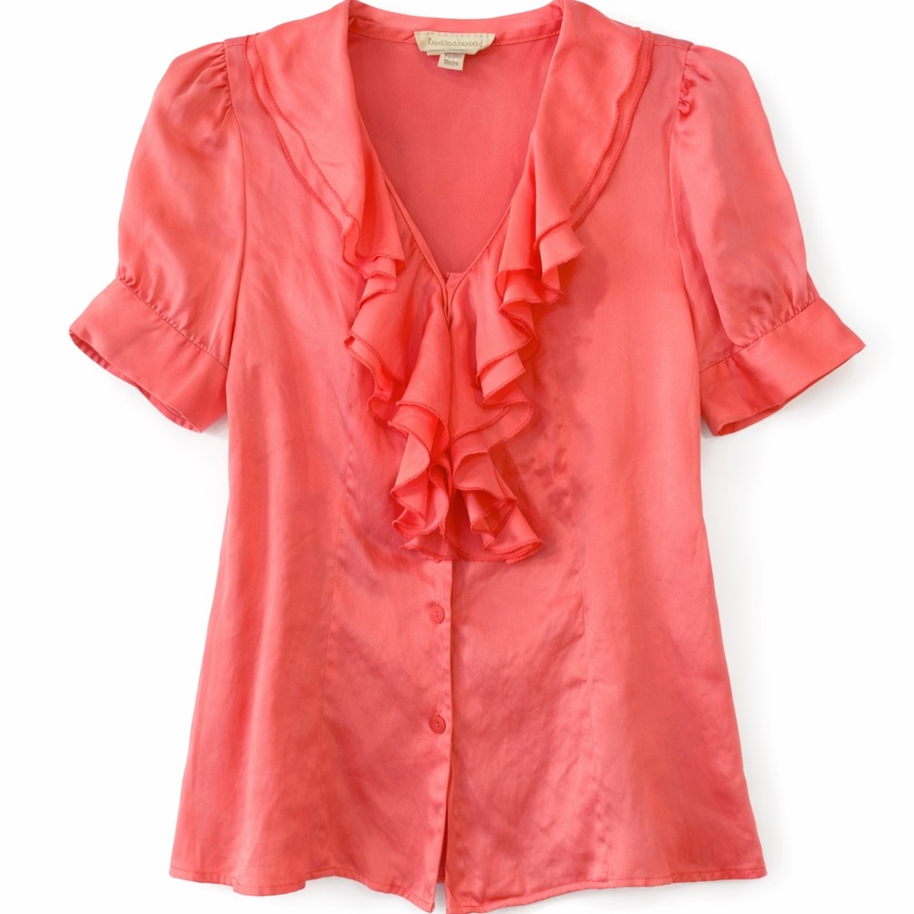 Short Sleeve Silk Blouse coral pink size 8 ruffles v-neck